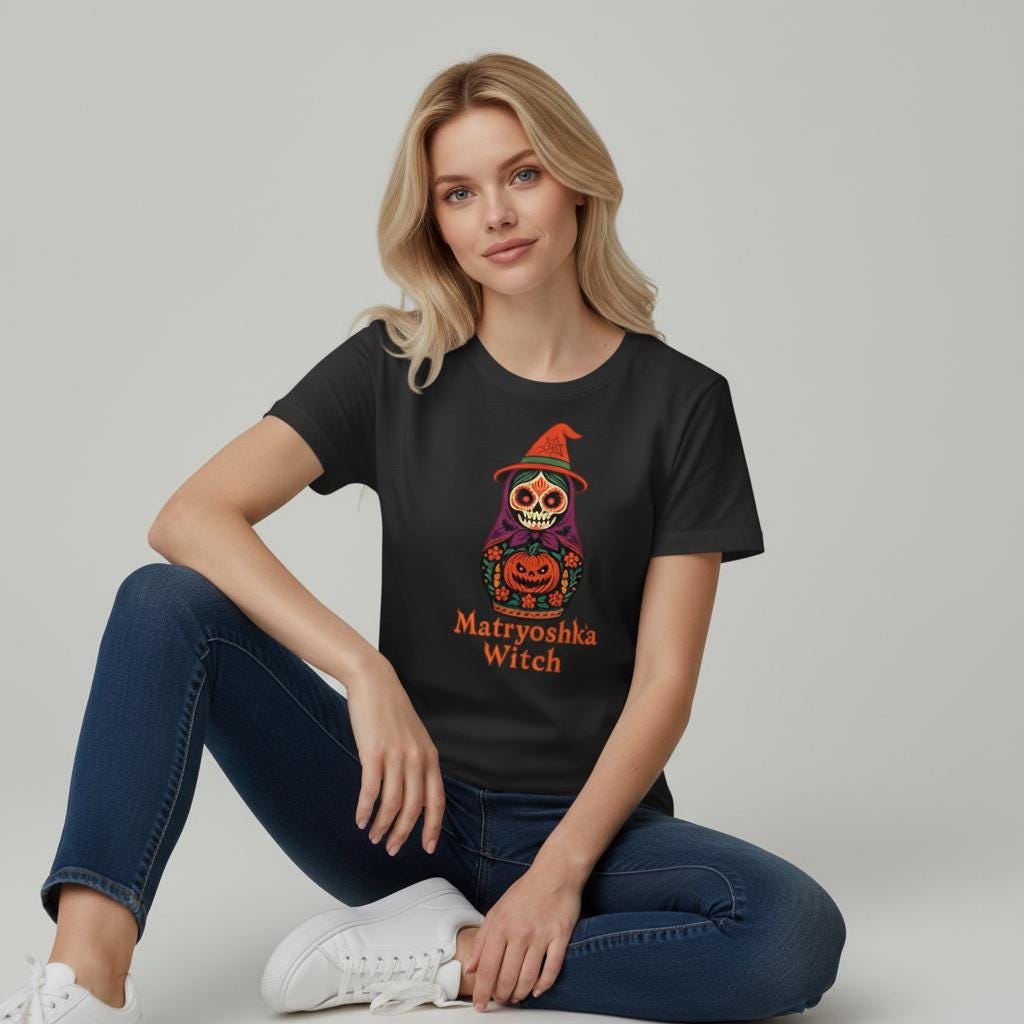 Halloween Matryoshka Witch T-Shirt – Spooky Russian Doll Skeleton Shirt, Funny Pumpkin Witch Costume Tee